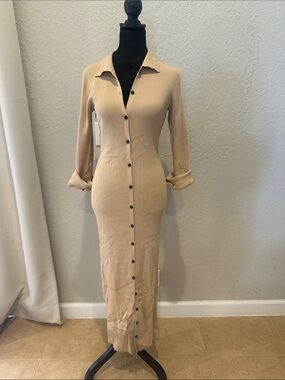 Long Sleeve Beige Button-Front Maxi Dress